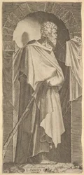 St. James Minor i en bågformad nisch, med en käpp i händerna, som är c..., 1545.