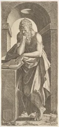 St. Simon står framför en öppen bok med fingrarna på sin vänstra hand pressade på ..., 1545.