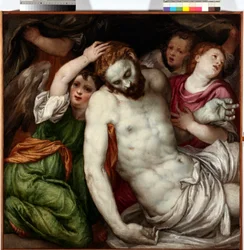 Pieta et anges (Pieta med änglar) Målning av Lambert Sustris (1515-1584) 1500-talet Sön 83x84 cm Musei di Strada Nuova Genes