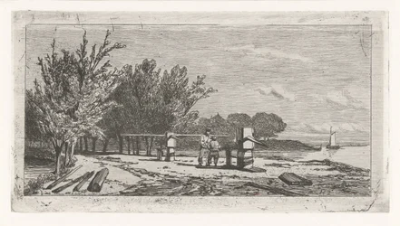 Man och pojke längs stranden av en flod