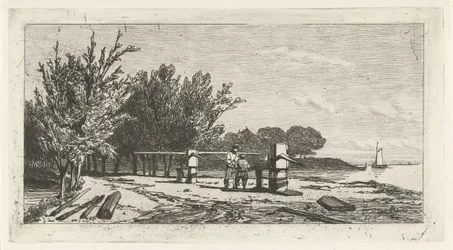 Man och pojke längs stranden av en flod