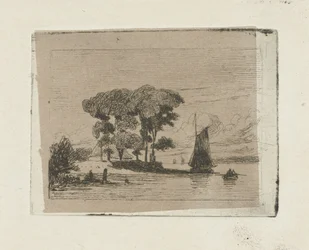 Flodlandskap med segelbåt och träd