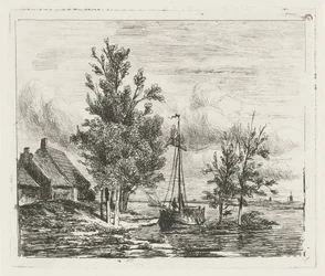 Flodlandskap med segelfartyg och gård