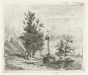Flodlandskap med segelfartyg och gård