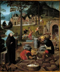 Legenden om Saint Bertin: Abbe Saint Bertin av Sithiu (610-709) leder byggandet av klostret Sithiu i Saint Omer. Detalj av en panel tillskriven Lancelot Blondeel (1495-1561) från skatten av Saint Bertin. Museum of Fine Arts, Dijon