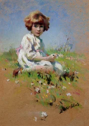 Marjorie - a A Girl Picking Daisies (pastellfärgad på papper)