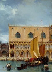 Maritim handel framför Dogepalatset. Detalj av utsikten över en del av hertigpalatset och piazzettan i Venedig. Målning av Theodore Turpin De Crisse (1782-1859)