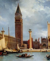 Rundtur i palatset detalj av utsikten över en del av hertigpalatset och piazzetta i Venedig. Målning av Theodore Turpin De Crisse (1782-1859)