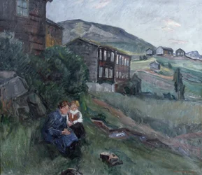 Från Gudbrandsdalen, kvinna och barn i landskap