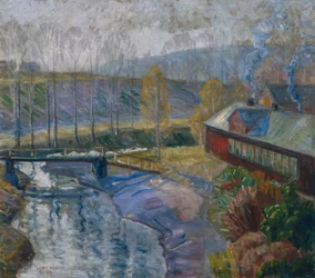 Landskap med hus och flod