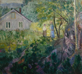 Två kvinnor i trädgården
