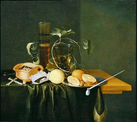 Stilleben av en Roemer omgiven av vinrankor och frukter (olja på duk)