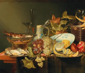 Stilleben med frukt, en kinesisk porslinsskål och en fisk på spisen