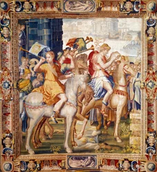 Herauts ridning. Gardin från Artemises historia. Gobeläng av ull och siden tillverkad av Laurent Guyot (1756-1806) och Henri Lerambert (cirka 1540/1550-1608) vid verkstäderna i faubourg Saint Marcel (1601-vers1670). 1600-talets Paris, nationella möbler