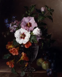 Stilleben med hibiskus och krasse i glasvas. Målning av Julie Guyot (Fl. ca 1810)