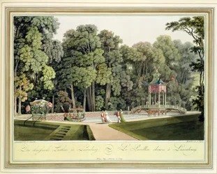 Den kinesiska paviljongen i Laxenburgs trädgårdar, Wien, graverad av Johann Ziegler (ca 1750-ca 1812)