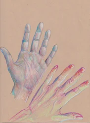 Hands #1, 2025 (färgpenna på tonat papper)