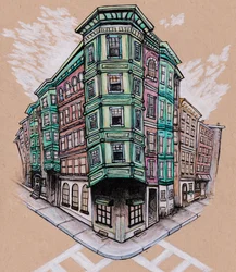 North End, ca 2019 (färgpenna och bläck på beigefärgat konstpapper)
