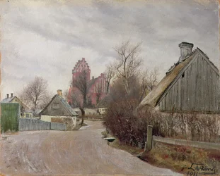 Gade i Hoje Taastrup (landsväg med stugor och hög kyrka) 1911