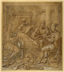 En allegori över musik: Berömmelse hos oskulderna; två unga lutenister sittande; en skäggig fläder lär en pojke att följa ett partitur (penna & brunt bläck med kroppsfärg och svart krita på papper)