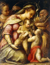 Den heliga familjen med spädbarnet Saint John the Baptist och Saint Catherine,