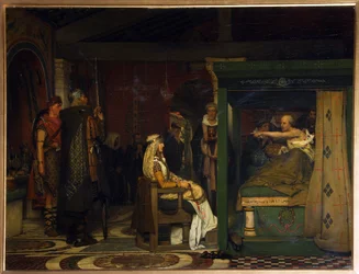 Fredegund (cirka 545-597), drottning av Neustrien, besöker biskop Pretextat av Rouen (död 586) på sin dödsbädd (Fredegund besöker biskop Praetextatus på sin dödsbädd) - Målning av Sir Lawrence Alma-Tadema (Alma Tadema) (1836-1912) , olja på trä