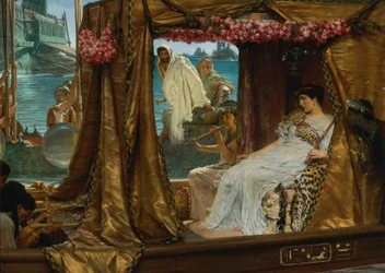 Mötet mellan Antonius och Kleopatra - Drottning av Egypten Kleopatra (79-30 f.Kr.) träffar sin blivande älskare Marc Antoine (83-30 f.Kr.) troligen i Rom (Antonius och Kleopatras möte) - Målning av Lawrence Alma- Tadema (1836- 1912) - 1885 -