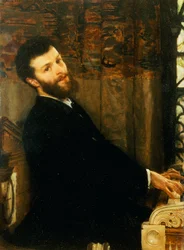 Porträtt av sångaren George Henschel som spelar Alma-Tademas piano, Townshend House, 1879