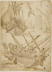 Crew Abandoning Ship (recto) Skisser av korintiska kolumner (verso)