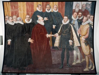 Möte mellan Doge Giacomo Durazzo Grimaldi och spädbarnet Don Juan från Österrike (fresk