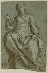 Sittande kvinnlig figur (Saint Scholastica?) Håller en duva