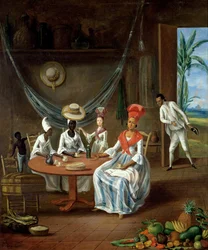 En mulattkvinna med sin vita dotter besöktes av svarta kvinnor i deras hus på Martinique, 1775