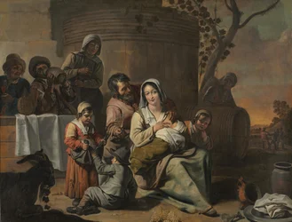 Vintage scen och bondebarn dansande målningspar, 1650-tal.