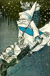 Julen för stora barn - Frankrikes president Emile Loubet klädd ut till jultomten med en skottkärra med presenter till de vuxna. 1905. (litho)