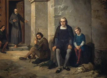 Christopher Columbus med sin son i klostret Santa Maria de La Rabida, Spanien