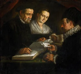 Penningväxlaren Orazio Lago, hans fru och en klient - Penningväxlaren Orazio Lago, hans fru och en klient - Leandro Bassano (1557-1622). Olja på duk, ca. 1600. Mått: 93x101 cm. Konsthistoriska museet, Wien