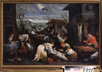 ""December månad"" (december) Grisarna slaktas. Stenbocken tecken symbol i himlen. Målning av Leandro Bassano da Ponte (1557-1622) 1595-1600 Statens konstmuseum Tula Ryssland