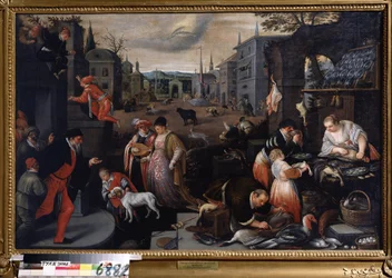 ""Le mois de fevrier"" (februari) Vandringsscen vid karnevalstid. Fiskarna tecken symbol på himlen. Målning av Leandro Bassano da Ponte (1557-1622) 1595-1600 Mått 144x190 cm Statens konstmuseum Tula Ryssland