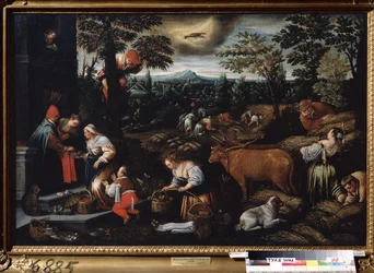 ""Juni månad"" (juni) Arbete på gården, plocka körsbär och samla in vete. Cancer tecken symbol i himlen. Målning av Leandro Bassano da Ponte (1557-1622) 1595-1600 Statens konstmuseum Tula Ryssland