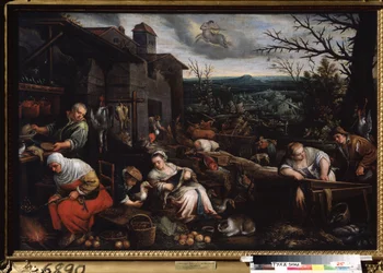 ""November månad"" (november) En kvinna rostar kastanjer, en annan tar hand om att tillaga gässen. Symbol för skyttens tecken på himlen. Målning av Leandro Bassano da Ponte (1557-1622) 1595-1600 Statens konstmuseum Tula Ryssland