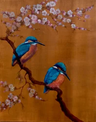 Two Kingfishers & Apple Blossom, 2021 (olja på duk)