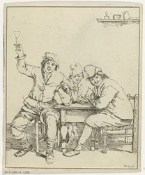 Tre män vid bordet röker och dricker