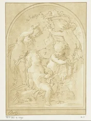 Fem putti med blommor och girlanger vid vas