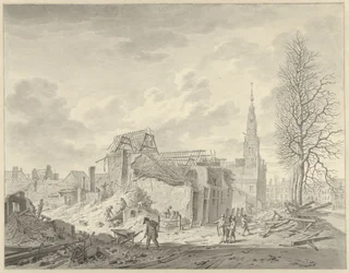 Utsikt över Rapenburg i Leiden efter krutkatastrofen den 12 januari 1807