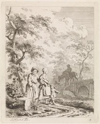 Gammal man, kvinna och barn på en skogsstig Landskap med figurer (serietitel)
