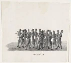 Musiker i processionen av Leiden-studenter, 1835 Hej Muse! (titel på objekt) De enskilda föreställningarna som de uppstigningar innehas av H.H. Elever vid Leidsche Hoogeschool den 9 februari 1835, stängd (serietitel på objekt)