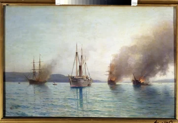 Den ryska torpedbåtens storhertig Konstantin förstör de turkiska fartygen vid Bosporen 1877 (den ryska torpedbåten Tender storhertigen Konstantin förstörde de turkiska fartygen vid Bosporen 1877). Sjöslaget i kriget mellan ryssarna