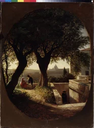 Nära Rom (Italien) (Nära Roma). En kvinna som sitter under träd med en bebis i famnen lyssnar på en man i hatt och cape. En annan man närmar sig dem från trappan. Målning av Lev Felixovich Lagorio (1827-1905),
