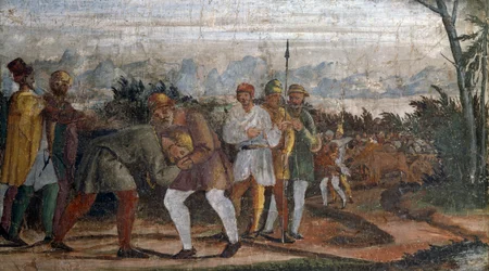 Scen från Life of Prodigal Son, av Circle of Lelio Orsi (1511-1587), Rocca di Novellara, Emilia-Romagna, Italien