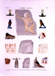 Illustrationer av målade reliefer på sten och träfragment Hypogees, Thebe-platta 47 från Vol II av `Descriptions of Egypt`, graverade av LeRoy